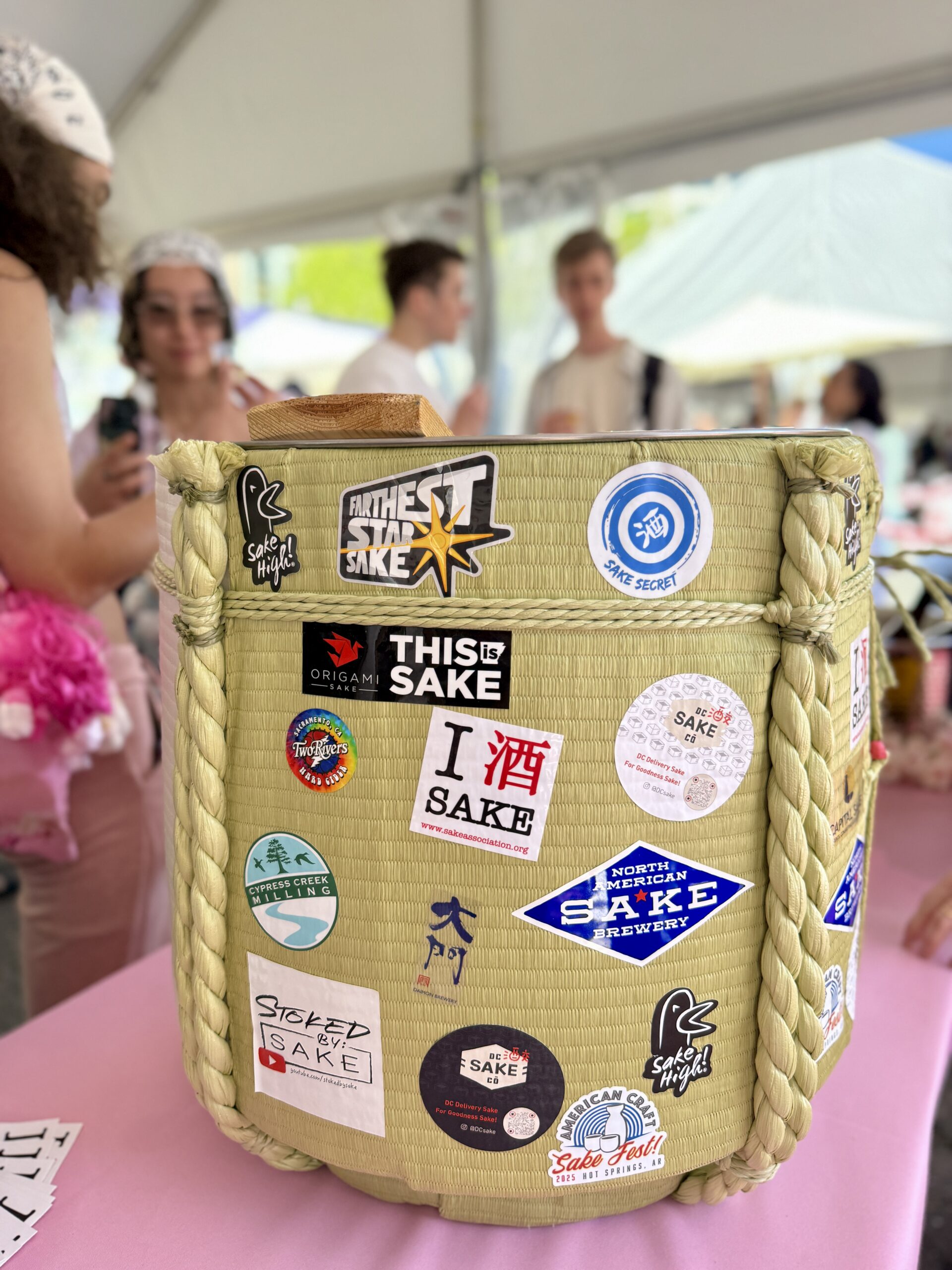 Sake brewery stickers on a basket