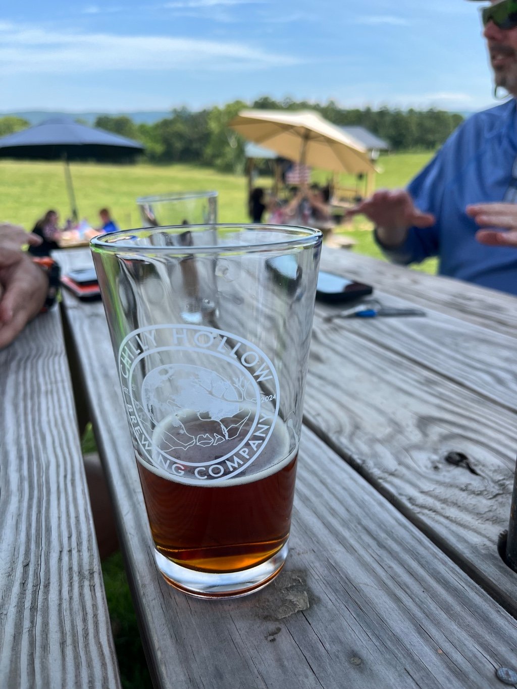 Chilly Hollow beer on a picnic table